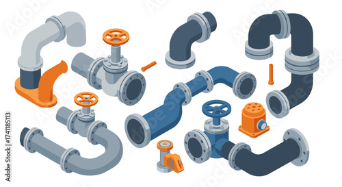Industrial pipe connections in isometric style featuring valves and elbows