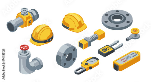 Industrial tools and safety gear isometric set with helmets and valves