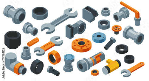Industrial isometric tools and parts collection for engineering and architecture