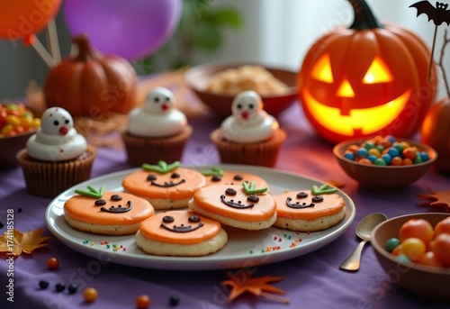 close up of bright halloween pumpkin face cookies and ghost cupcakes on a decorative platter with candies and glowing jack-o-lantern, concept of sweet shop, holiday catering, family celebration