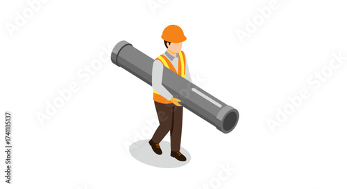 Construction worker carrying pipe in isometric design with safety gear