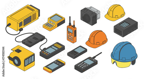 Isometric electronic devices and construction helmets collection