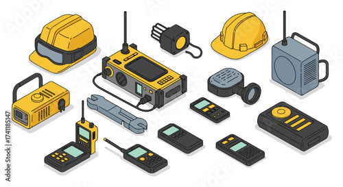 Industrial equipment isometric icons featuring tools, helmets, and communication devices