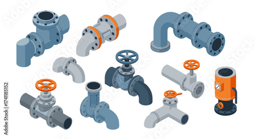 Industrial plumbing system elements in isometric style