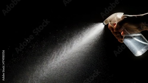 A hand holding a spray bottle spraying a mist of liquid against a black background in studio shot