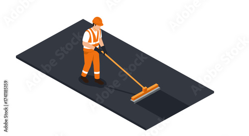 Isometric construction worker sweeping road safety equipment and maintenance
