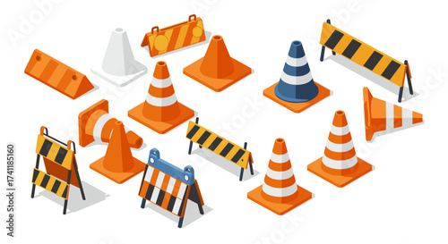 Colorful collection of traffic cones and barricades in isometric style