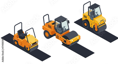 Vibrant construction equipment on road in isometric style