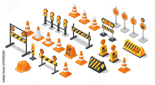 Isometric set of traffic cones and construction barriers for road safety design
