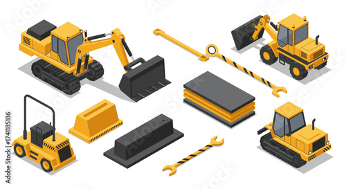 Isometric construction equipment set featuring bulldozer and excavator in yellow