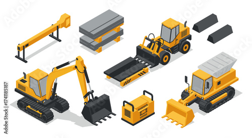 Construction equipment set in isometric style featuring bulldozer, excavator, and forklift