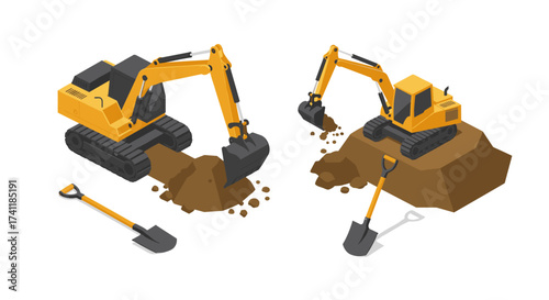 Isometric construction excavators digging earth with shovels