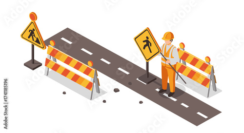 Construction worker setting up road signs on a closed street