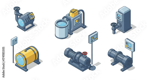 Isometric industrial equipment set with valves, pipes, and control panels