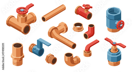 Isometric plumbing pipes and fittings collection in red and blue