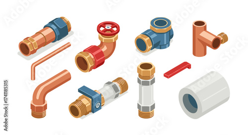 Isometric plumbing pipe fittings set for construction and home improvement