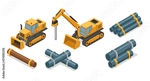 Construction equipment and pipes in isometric style on white background