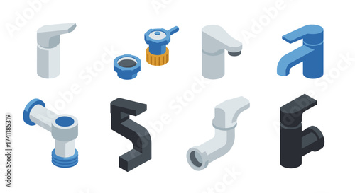Isometric plumbing fixtures set featuring modern faucets and pipe fittings