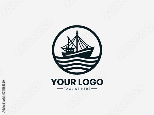 Traditional historic sailing boat vector logo with detailed sails and wooden hull for maritime museum
