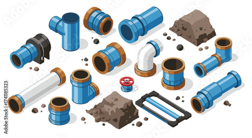 Isometric plumbing components with blue pipes and soil elements