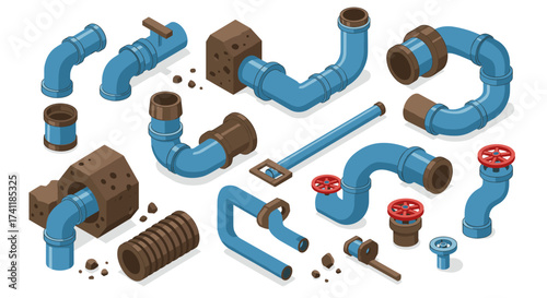 Isometric industrial pipe components set with connectors and valves