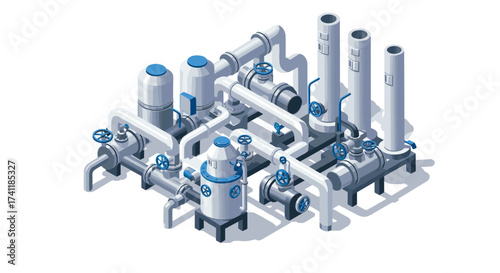 Industrial isometric design of a modern factory plant with pipes and valves
