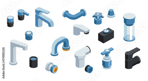 Isometric plumbing fixtures and fittings collection in modern design