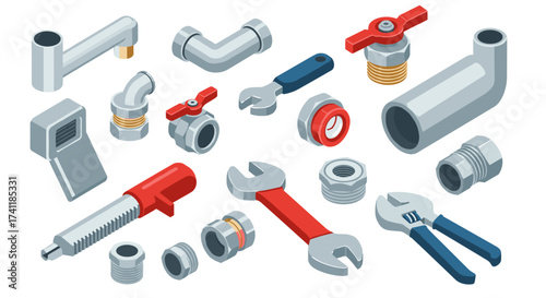 Colorful 3d isometric plumbing tools and pipe fittings set