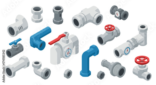 Isometric plumbing fittings and valves collection on white background