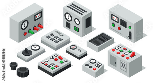 Retro isometric control panels and switches collection for industrial design