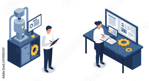 Isometric office scenes with professionals using technology in modern workspace