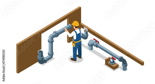 Isometric plumber installing pipes in construction setting with tools and equipment