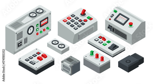 Isometric control panels and devices set with buttons and gauges