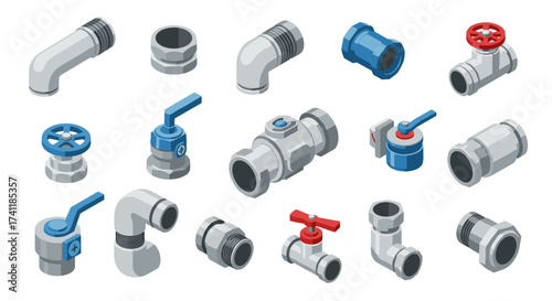 Isometric plumbing fittings collection for construction and engineering projects