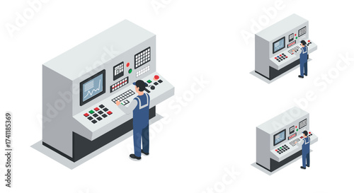 Industrial operator using control panel in isometric design for factory automation