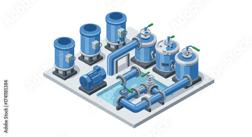 Isometric industrial water filtration system with blue tanks and pipes
