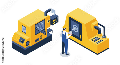 Engineer oversees cnc machine operation in modern isometric factory setting