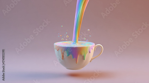 A porcelain coffee cup levitating and pouring rainbow-colored milk into mid-air
