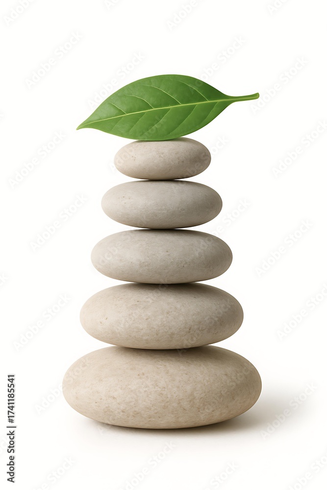 Fototapeta premium Zen balance stones stacked with green leaf on white, Spa zen balance stones tower with natural leaf meditation concept, Wellness zen balance stones pyramid for harmony and mindfulness relaxation