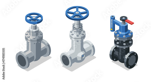 Industrial pipeline valve set in isometric style featuring metal and plastic components