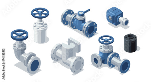 Industrial pipe fittings and valves in isometric design for engineering projects