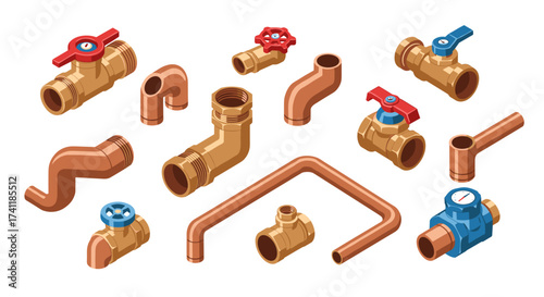 Isometric plumbing elements collection with brass pipes and valves