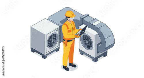 Maintenance technician inspecting air conditioning system in isometric style