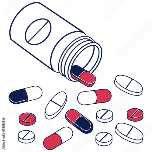 Assorted Pharmaceutical Pills and Capsules in Mixed Colors and Shapes vector on a white background