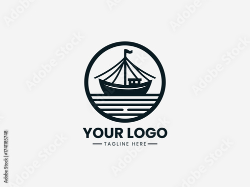 Traditional historic sailing boat vector logo with detailed sails and wooden hull for maritime museum