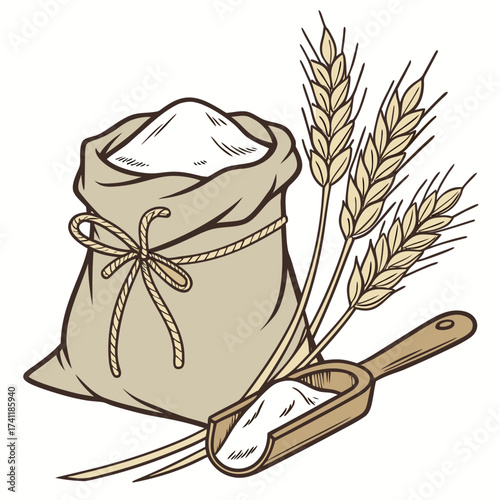 A burlap sack filled with flour and a wooden scoop next to wheat stalks