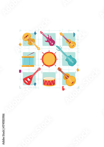 Colorful flat design vector collection of various musical instruments guitars, drums, and stringed melodies. Ideal for creative music projects, digital graphics, and scalable visual assets