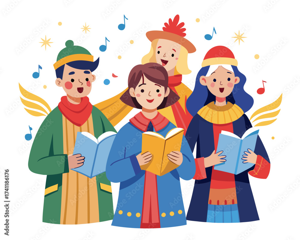 Fototapeta premium Christmas carol singers with music notes, festive illustration isolated on white background