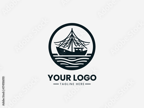 Traditional historic sailing boat vector logo with detailed sails and wooden hull for maritime museum