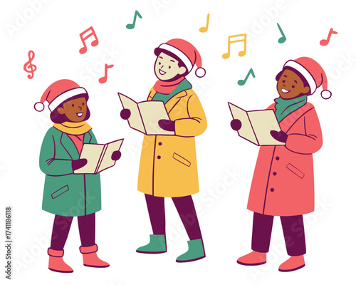 Christmas carol singers with music notes, festive illustration isolated on white background